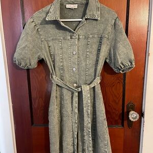 She + Sky Washed Olive-Green Denim Midi Dress with Tie Belt